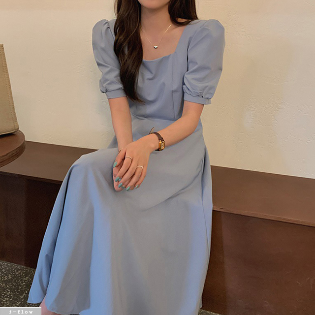 나탈리 스퀘어넥 실키 퍼프 롱원피스 4color 제이플로우 여름 봄 슬림 A라인 하객룩 - 상세 이미지 3
