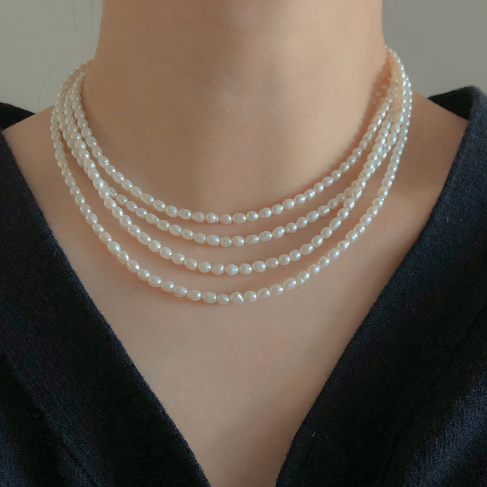 14K 18K 블로랑 천연 담수진주 3mm 4mm 밥풀 쌀알 여름 코디 웨딩 결혼식 목걸이 이미지 2