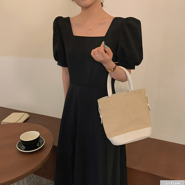 나탈리 스퀘어넥 실키 퍼프 롱원피스 4color 제이플로우 여름 봄 슬림 A라인 하객룩 이미지 8