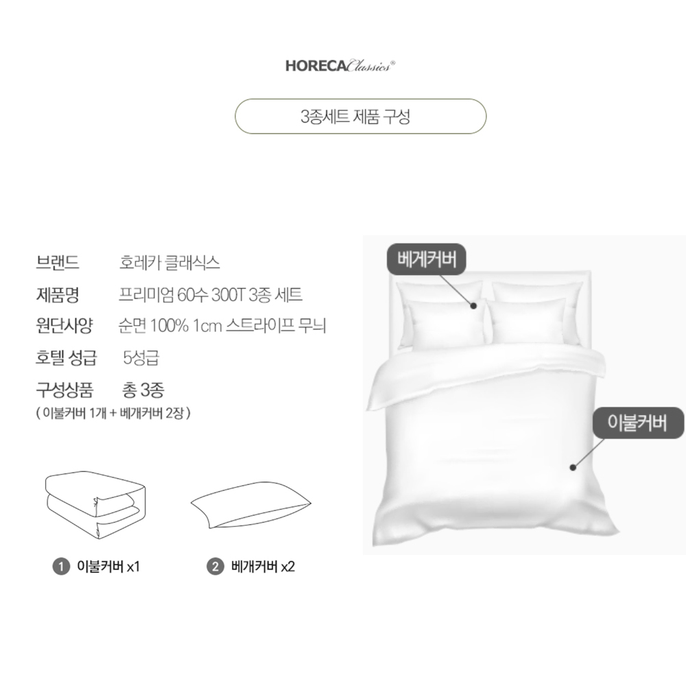 호텔3종세트 순면60수 300T 1CM스트라이프 이불커버1+베개커버2