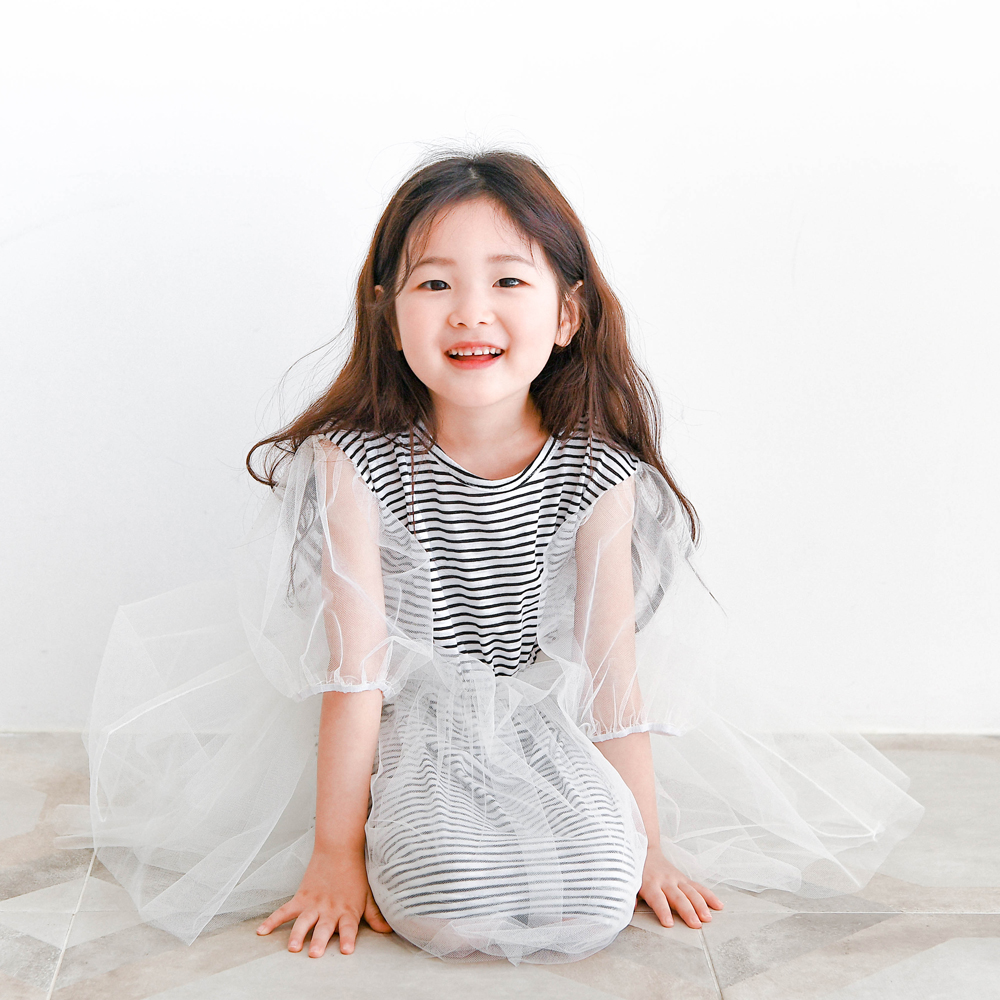 일리엔 공주님 튜튜샤 원피스 여아 아동 핑크 민트 아이보리 스트라이프 망사소매 - 상세 이미지 5