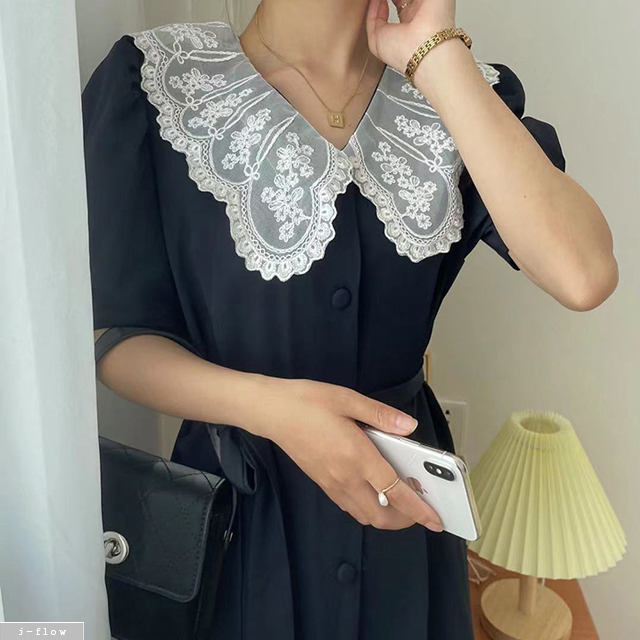 클래식 레이스 카라 벨트 롱원피스 (진네이비) 제이플로우 여름 퍼프 실키 콩단추 - 상세 이미지 2