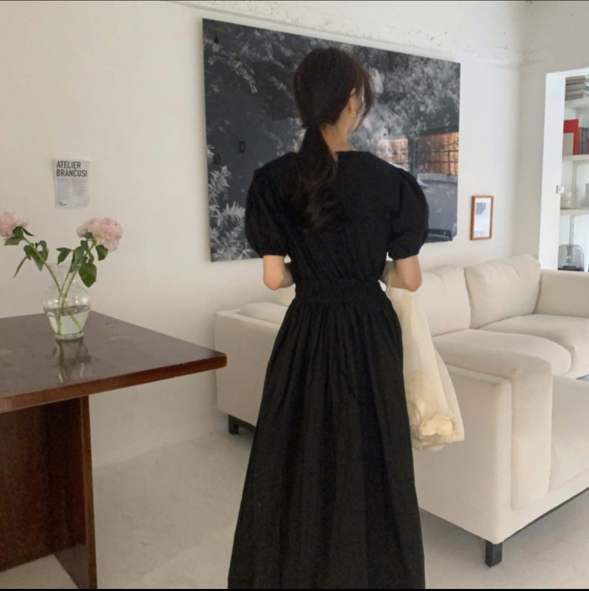 메이 밴딩 소매퍼프 벌룬 셔링 루즈핏 a라인 플레어 여름 코튼 러블리 롱 원피스(2color) 이미지 2