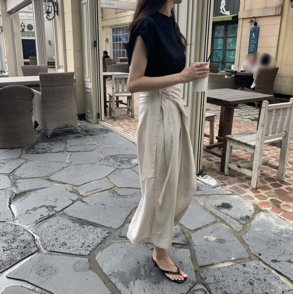 (자체제작) 라이비 크로스 드레이프 꼬임 튤립 매듭 랩스타일 롱치마 여름 랩스커트(2color) 이미지 3