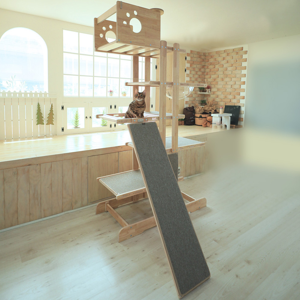 캣츠빌 THE큰타워 원목 캣타워 B타입 천해먹 카페트브라운 슬라이드보드2층