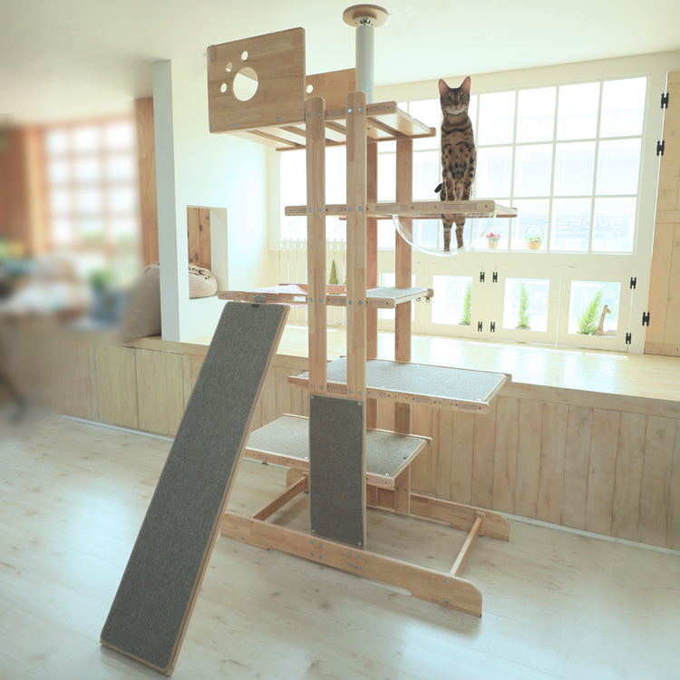캣츠빌 THE큰타워 원목 캣타워 B타입 천해먹 카페트브라운 슬라이드보드2층