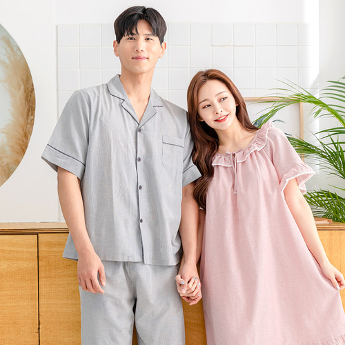 (국산) 커플 잠옷 스트라이프 남자 여자 원피스 파자마 2608/8941(레드) - 상세 이미지 2