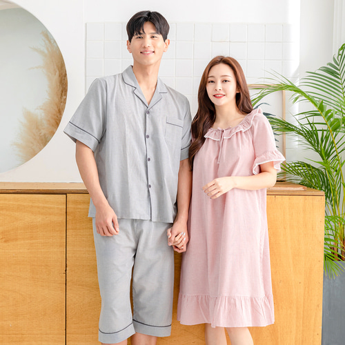 (국산) 커플 잠옷 스트라이프 남자 여자 원피스 파자마 2608/8941(레드) - 상세 이미지 3