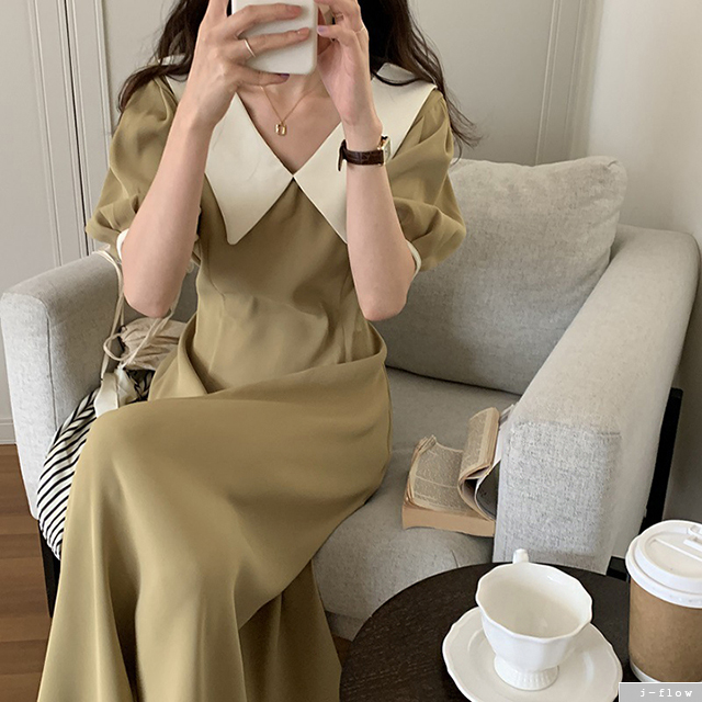 마르헨 배색 카라 실키 퍼프 롱원피스 2color 제이플로우 여름 A라인 핀턱 허리끈벨트 - 상세 이미지 2