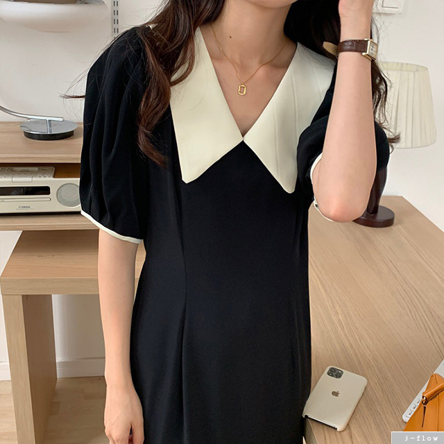 마르헨 배색 카라 실키 퍼프 롱원피스 2color 제이플로우 여름 A라인 핀턱 허리끈벨트 이미지 6