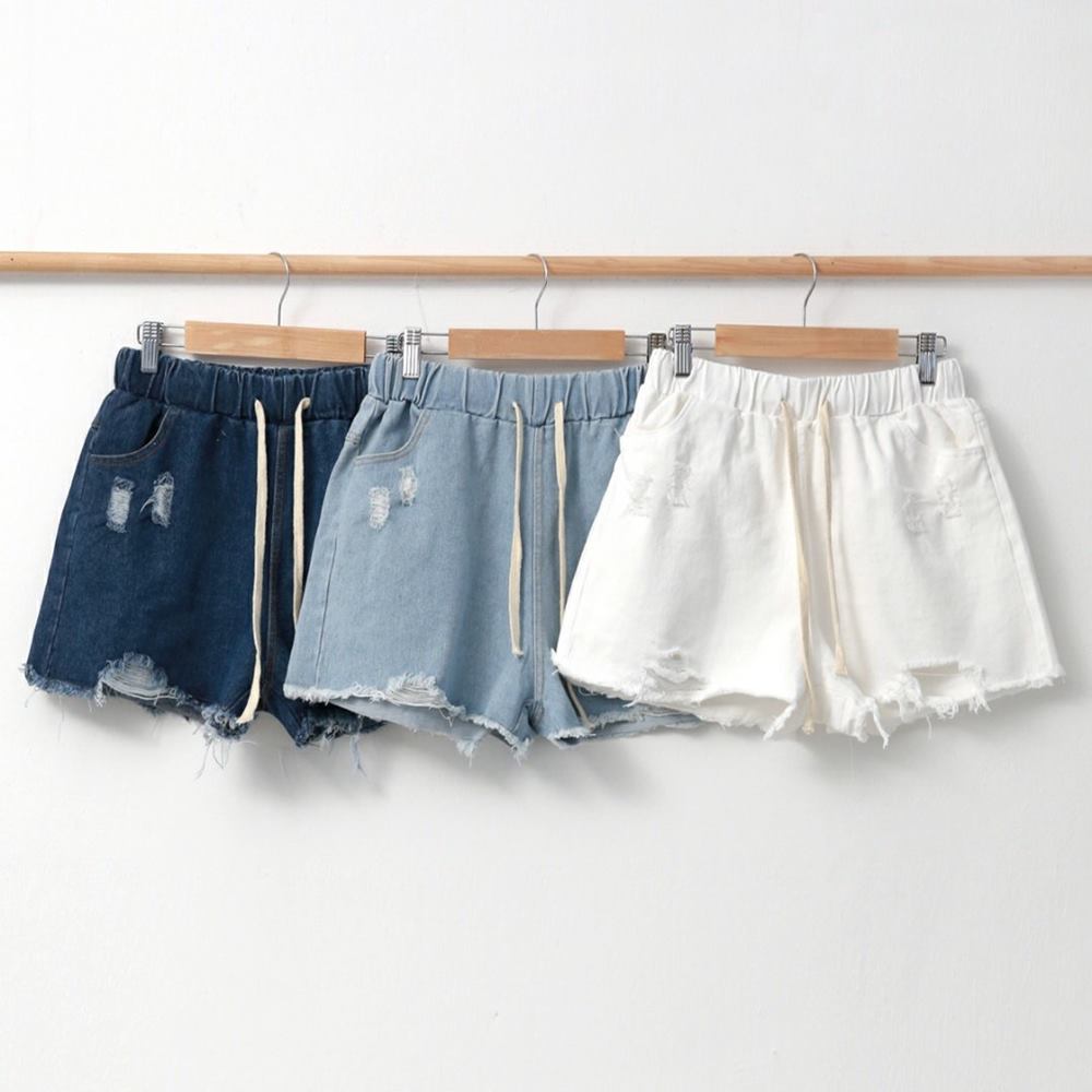 찢어진 청반바지 찢청 여성 반바지 밴드 고무줄밴딩 여자 3부 데님 흰색 여름 바캉스룩