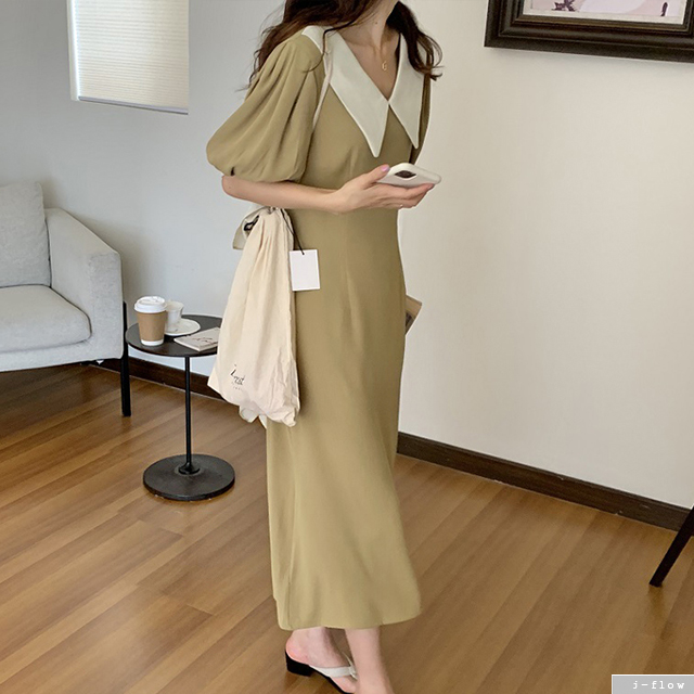 마르헨 배색 카라 실키 퍼프 롱원피스 2color 제이플로우 여름 A라인 핀턱 허리끈벨트 - 상세 이미지 5