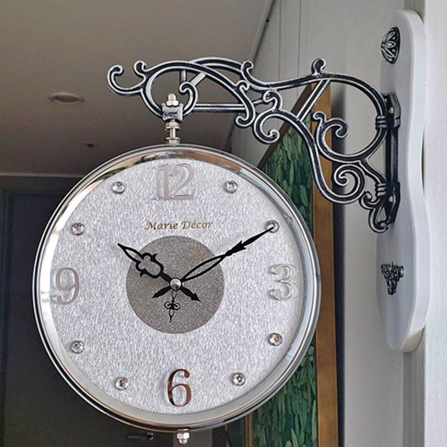 실버 화이트 무소음 무브먼트 건전지 고급형 고급 벽걸이 시계 양면 벽걸이 시계 레트로