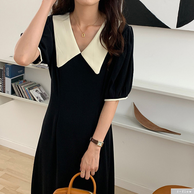 마르헨 배색 카라 실키 퍼프 롱원피스 2color 제이플로우 여름 A라인 핀턱 허리끈벨트 - 상세 이미지 4