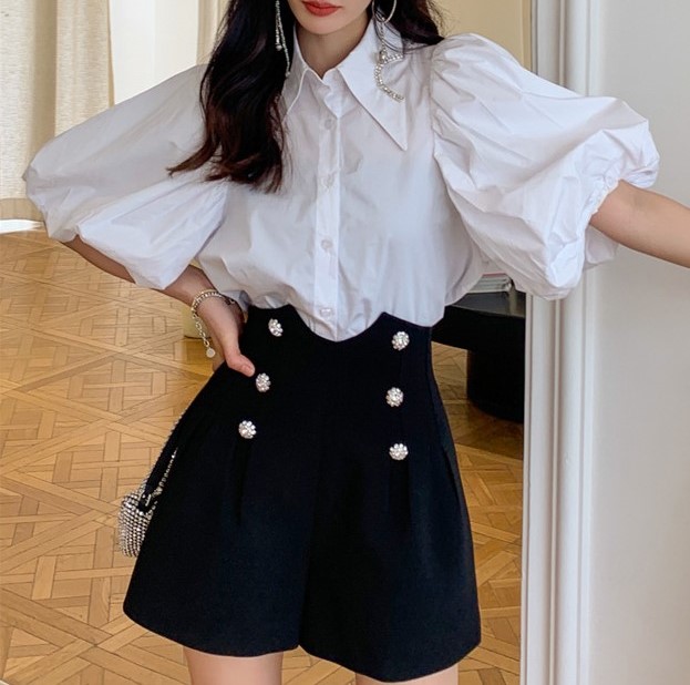 로코코 우아 럭셔리 큐빅 보석 비쥬 카라 호박 퍼프 소매 코튼 면 카라 블라우스 수입명품 - 상품 이미지