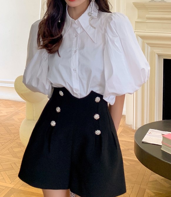 로코코 우아 럭셔리 큐빅 보석 비쥬 카라 호박 퍼프 소매 코튼 면 카라 블라우스 수입명품 - 상세 이미지 5