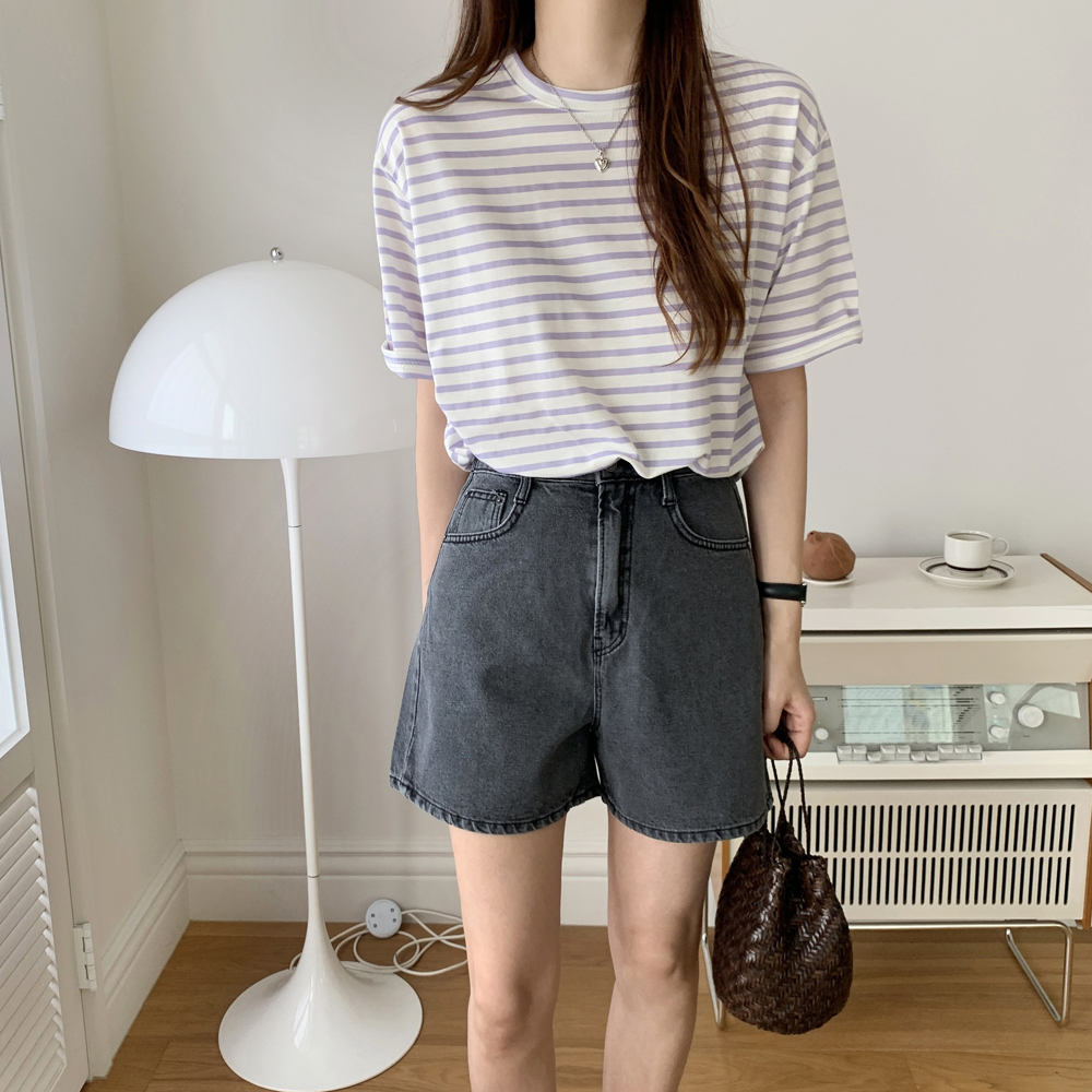 여름 여성 스트라이프 티셔츠 단가라 코튼 오버핏 루즈핏 박스티 여자 반팔티 라운드