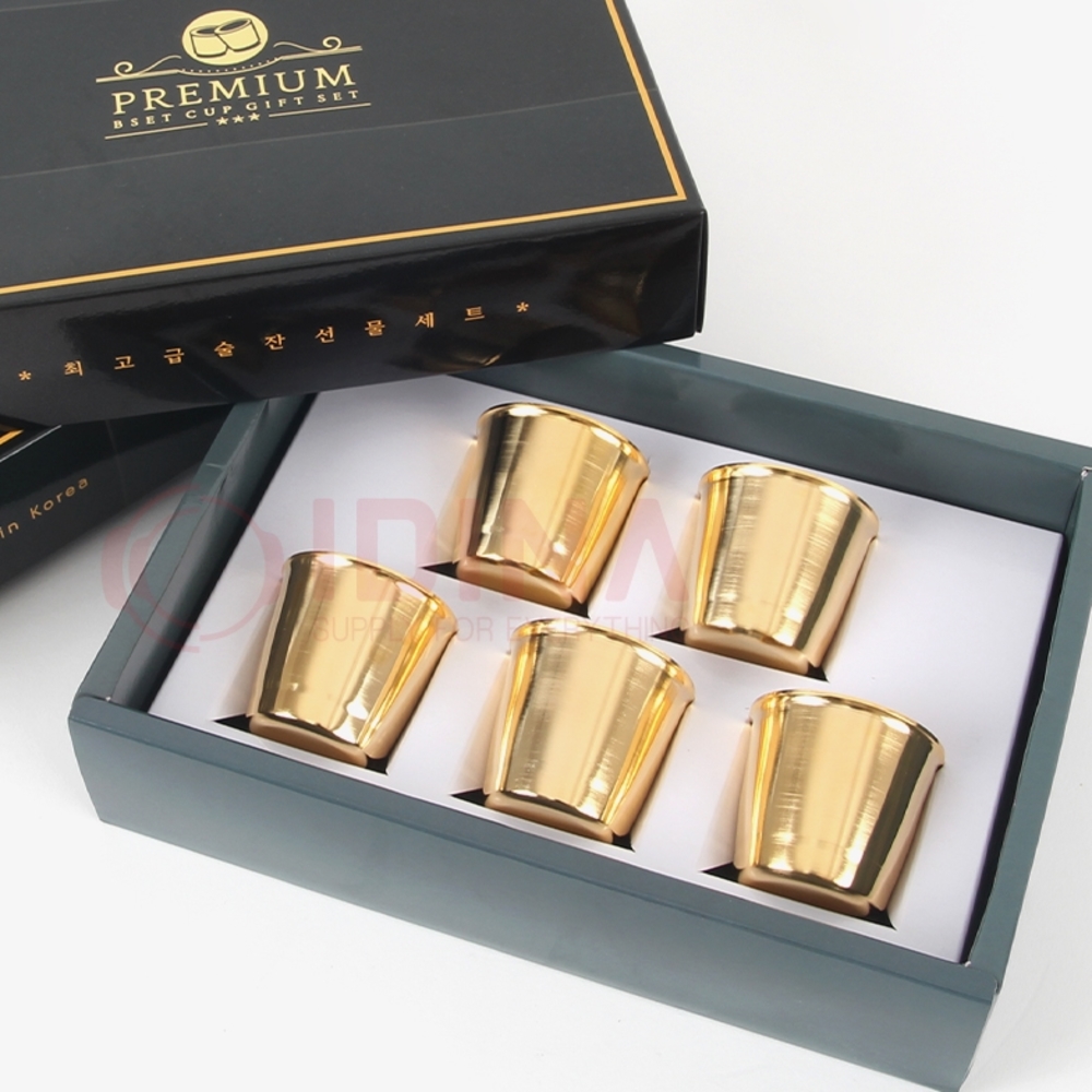 이니셜 각인 커스텀 골드잔 5p 세트 선물용 24k 도금 소주잔 주문제작 술잔