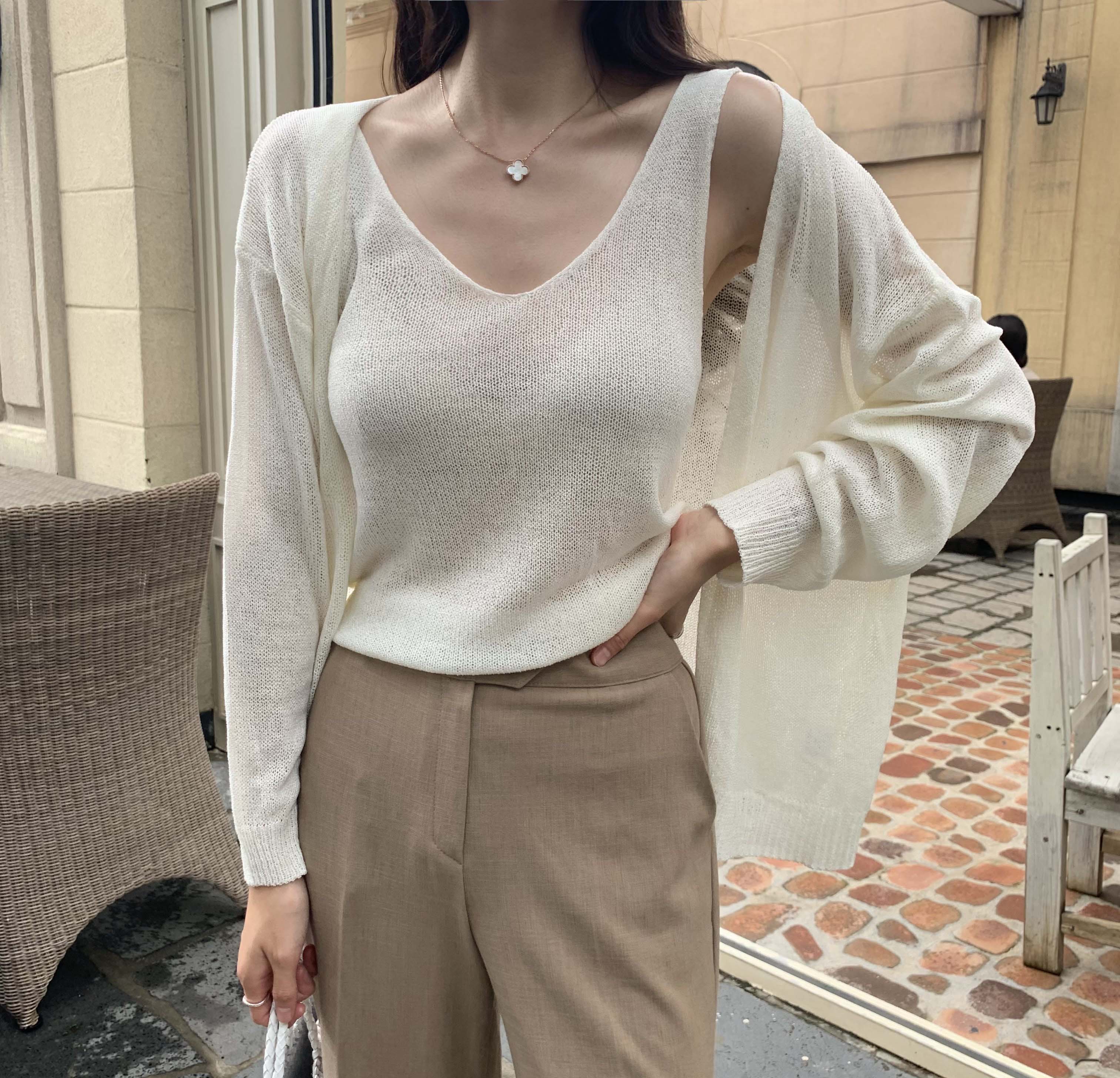 엘라 네츄럴한 여름 여자 루즈핏 브이넥 여리여리 썸머 니트 슬리브 나시 가디건세트 set