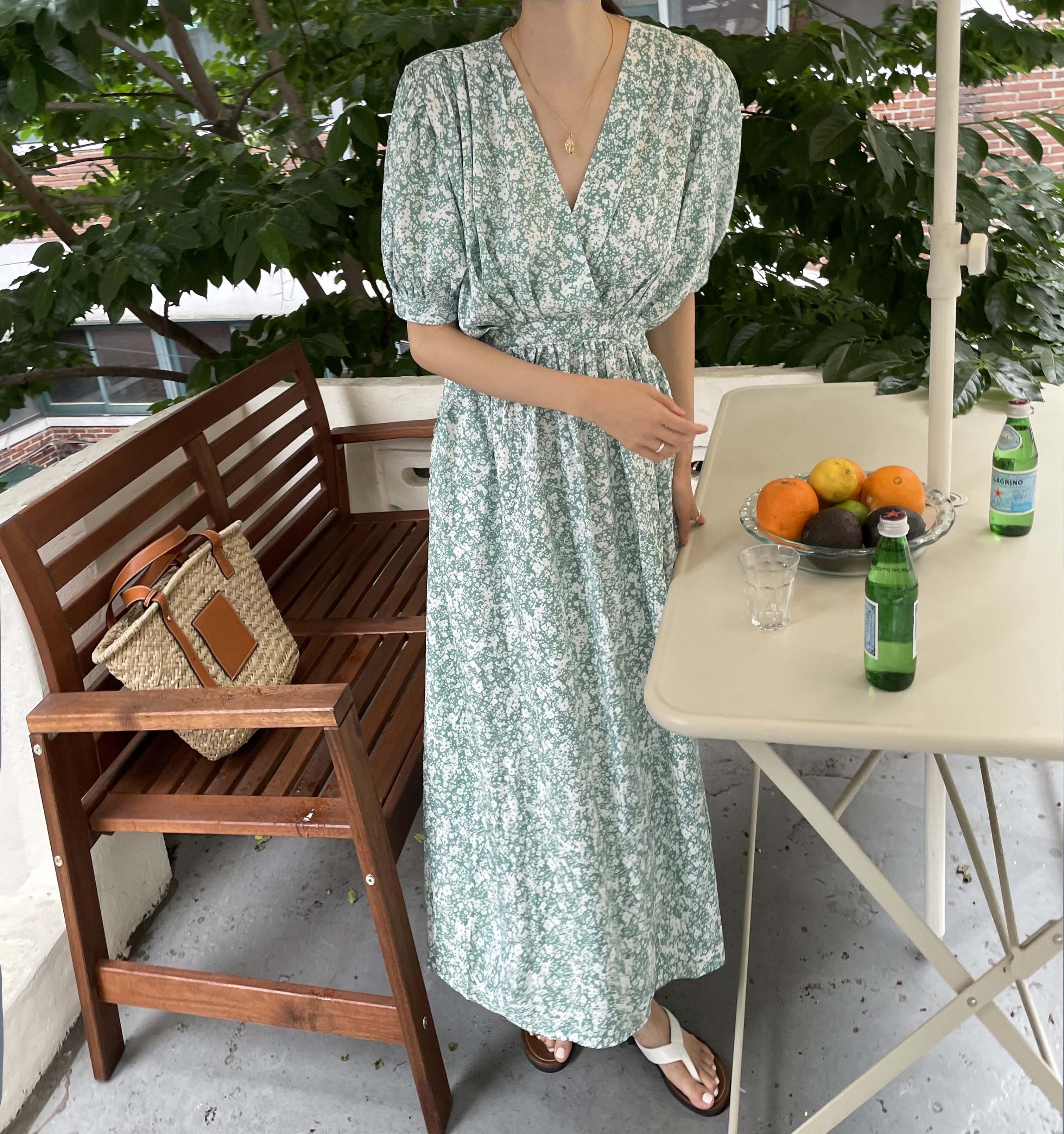 민트초코 여름 루즈핏 나염 쉬폰 포켓 브이넥 플라워 랩 스트링 썸머 밴딩 맥시 롱원피스(민트,블랙) - 상세 이미지 2