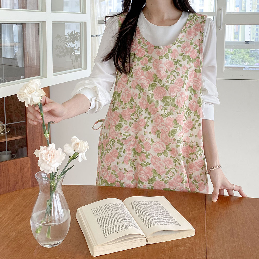 한스데이 플라워 롱 트임 앞치마 어린이집 유치원 원피스 에이프런 보라낙엽