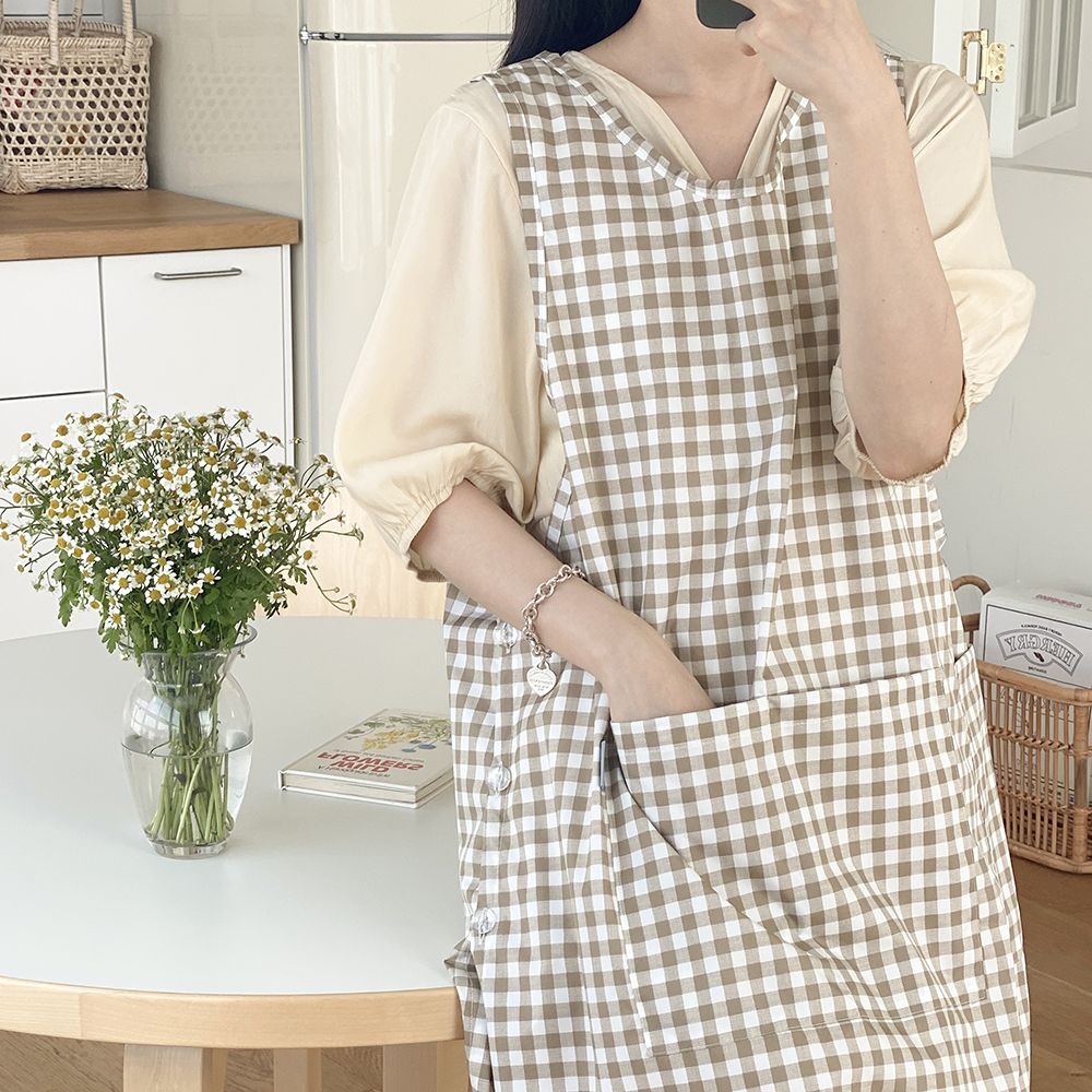 한스데이 단추형 방수 카페 바리스타 어린이집 유치원 요양사 보육교사 앞치마 체크베이지