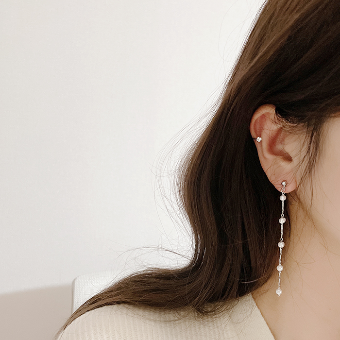 심플 미니 진주 체인 줄 드롭 귀걸이 2컬러 티타늄 이미지 8