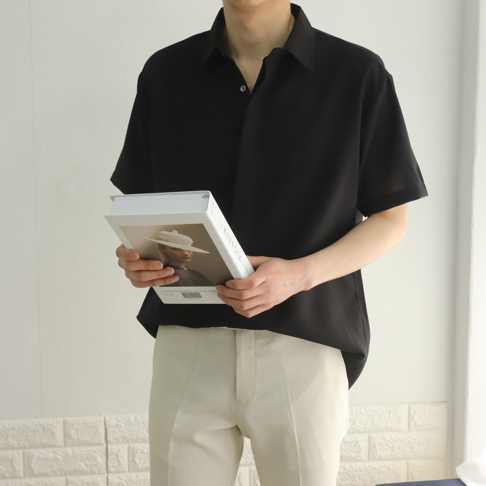 구김없는 링클프리 오버핏 실크 리얼히든 린넨 반팔7부셔츠 하늘색 회색 검정 곤색 카키 - 상품 이미지