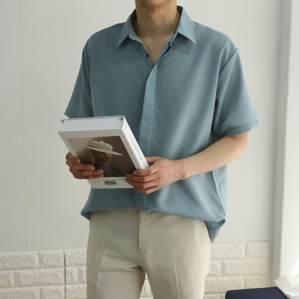 구김없는 링클프리 오버핏 실크 리얼히든 린넨 반팔7부셔츠 하늘색 회색 검정 곤색 카키 - 상세 이미지 4