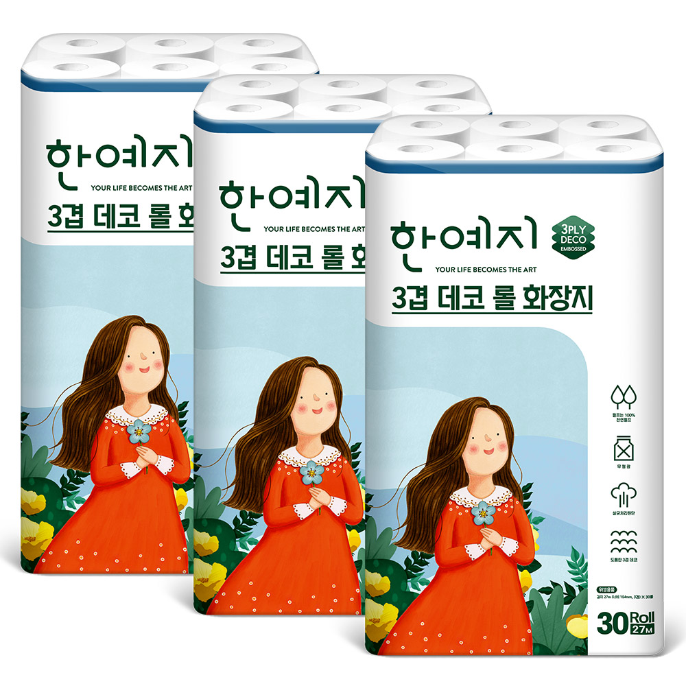 한예지 천연펄프 3겹데코 화장지 27m, 30롤, 3팩 - 상세 이미지 2