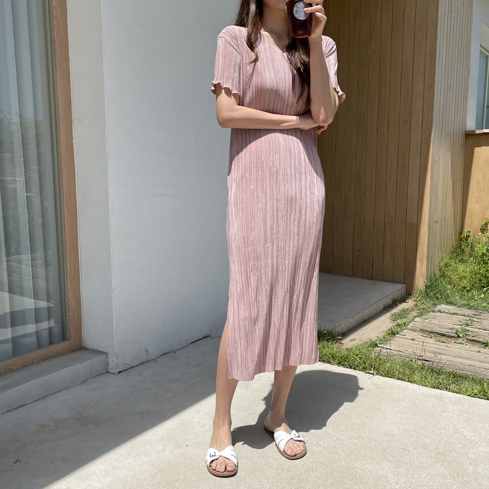 루즈핏 냉장고 반팔 플리츠원피스 주름 브이넥 맥시 여름 원피스 여성 롱원피스 블랙 데일리룩