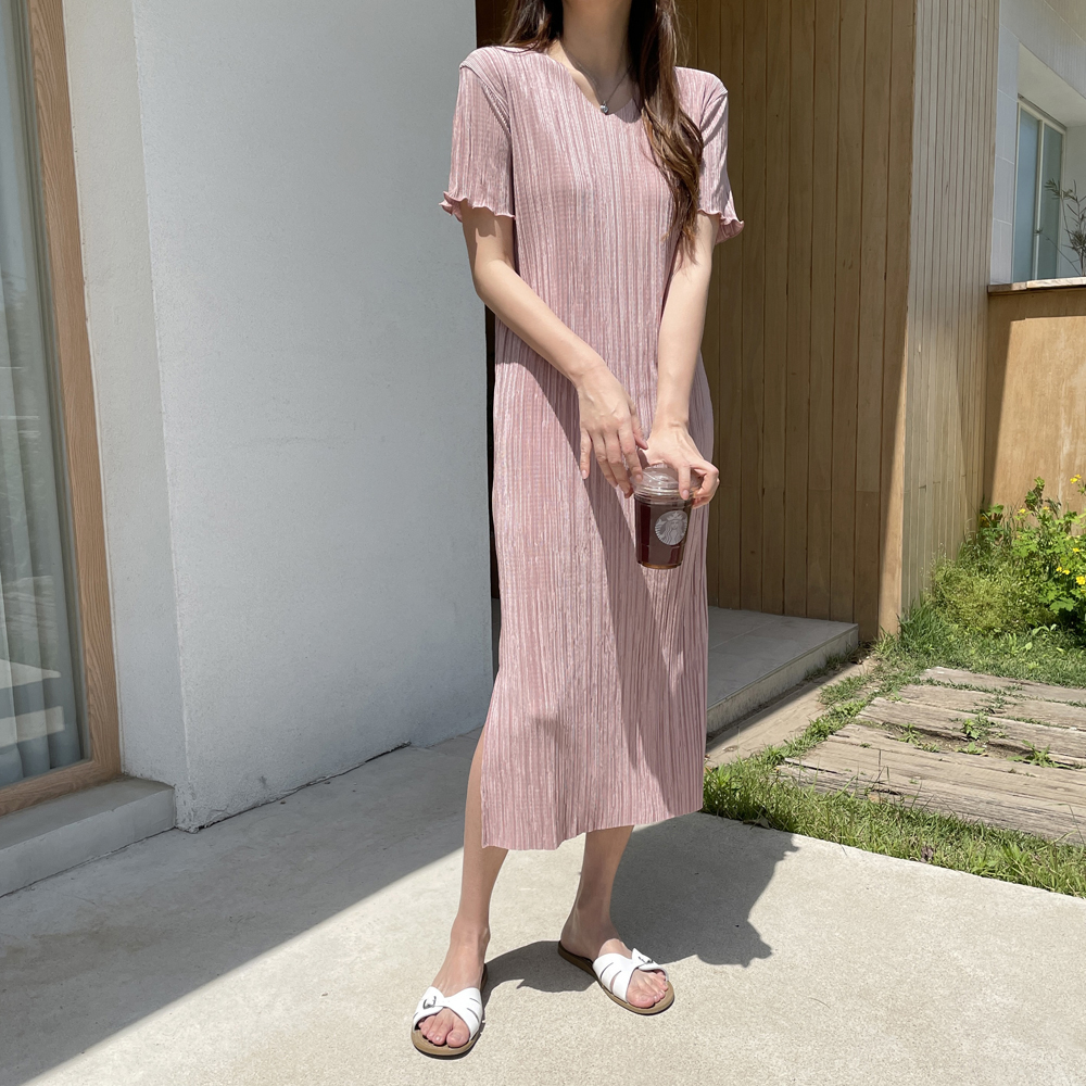 루즈핏 냉장고 반팔 플리츠원피스 주름 브이넥 맥시 여름 원피스 여성 롱원피스 블랙 데일리룩