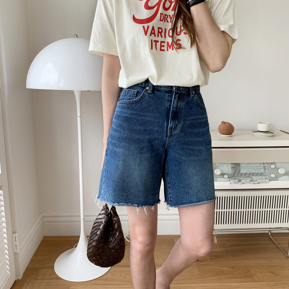 하이웨스트진 찢어진 세미와이드 데님팬츠 여자여름청바지 진청 여성 청 반바지 5부 진청바지