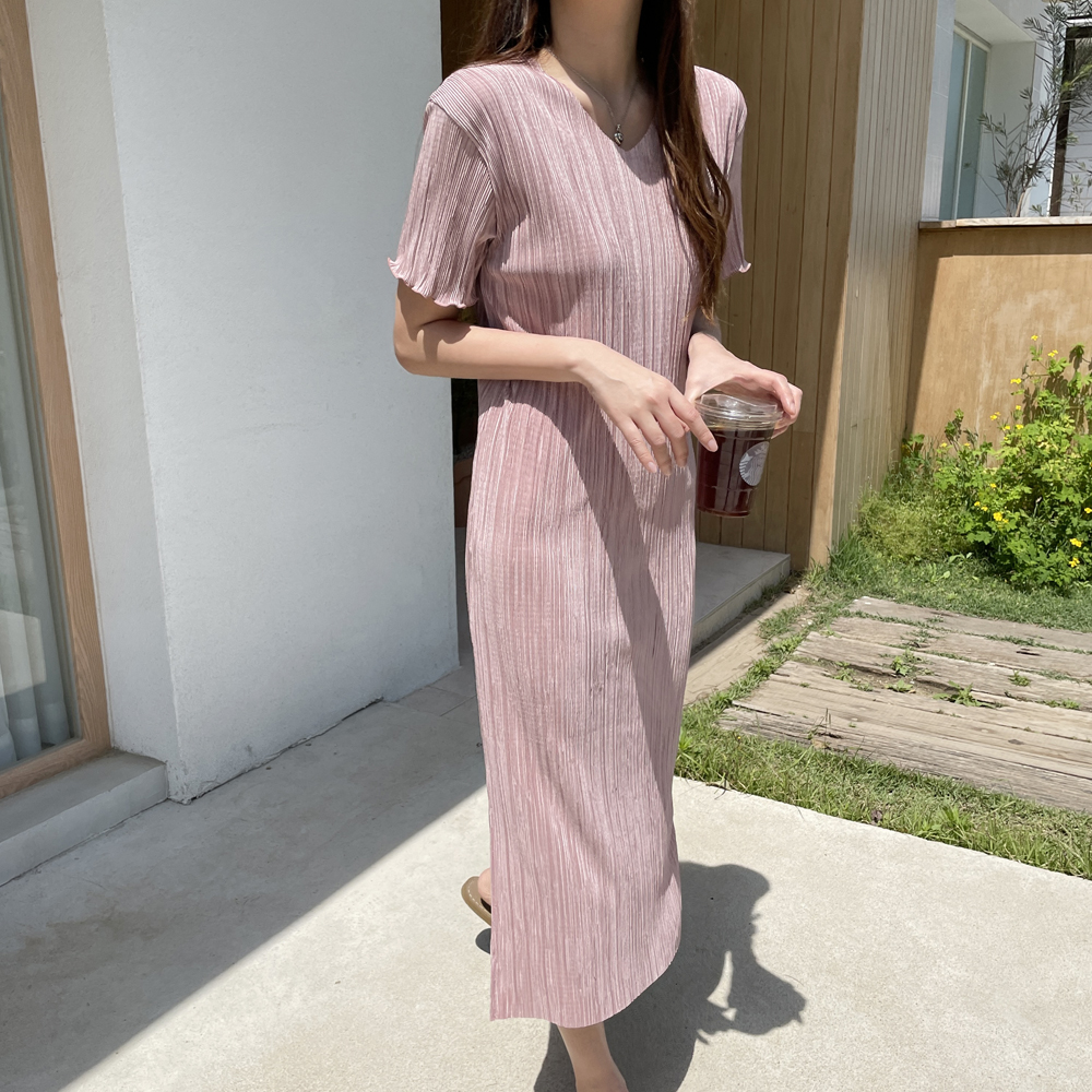 루즈핏 냉장고 반팔 플리츠원피스 주름 브이넥 맥시 여름 원피스 여성 롱원피스 블랙 데일리룩