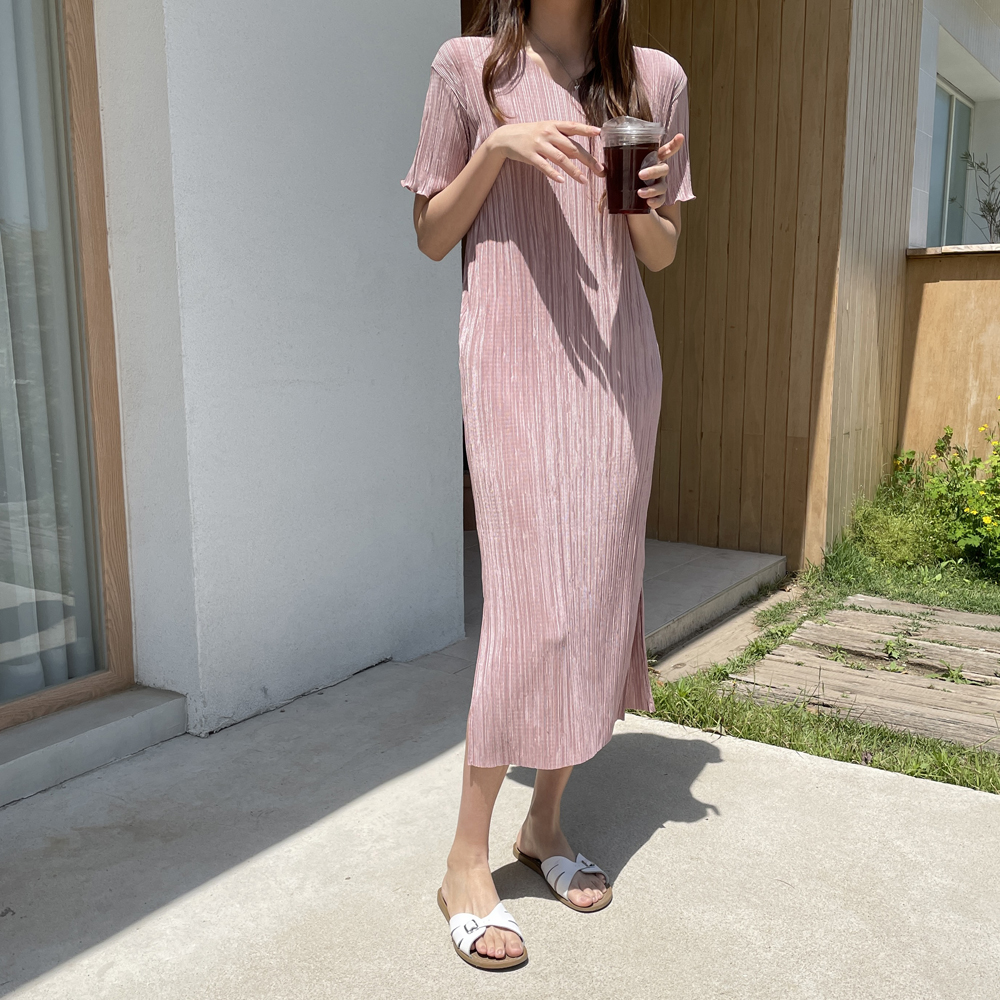 루즈핏 냉장고 반팔 플리츠원피스 주름 브이넥 맥시 여름 원피스 여성 롱원피스 블랙 데일리룩