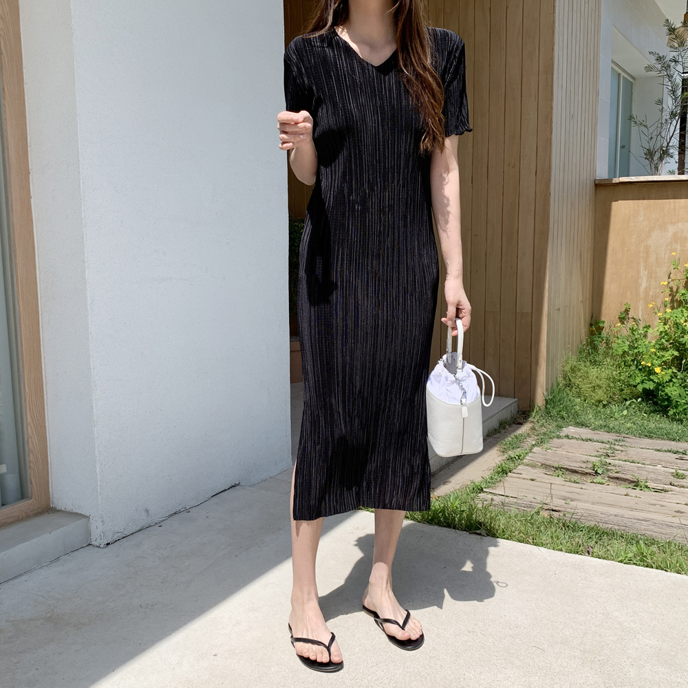 루즈핏 냉장고 반팔 플리츠원피스 주름 브이넥 맥시 여름 원피스 여성 롱원피스 블랙 데일리룩