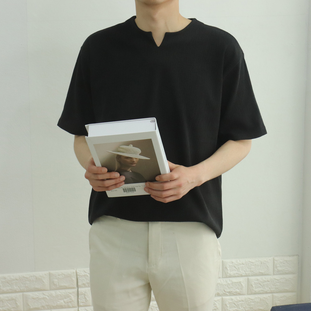 빅사이즈 엠보 리버풀 스판 루즈핏 구김없는 반오픈 헨리넥 브이넥 트임 여름 반팔7부티셔츠 이미지 7