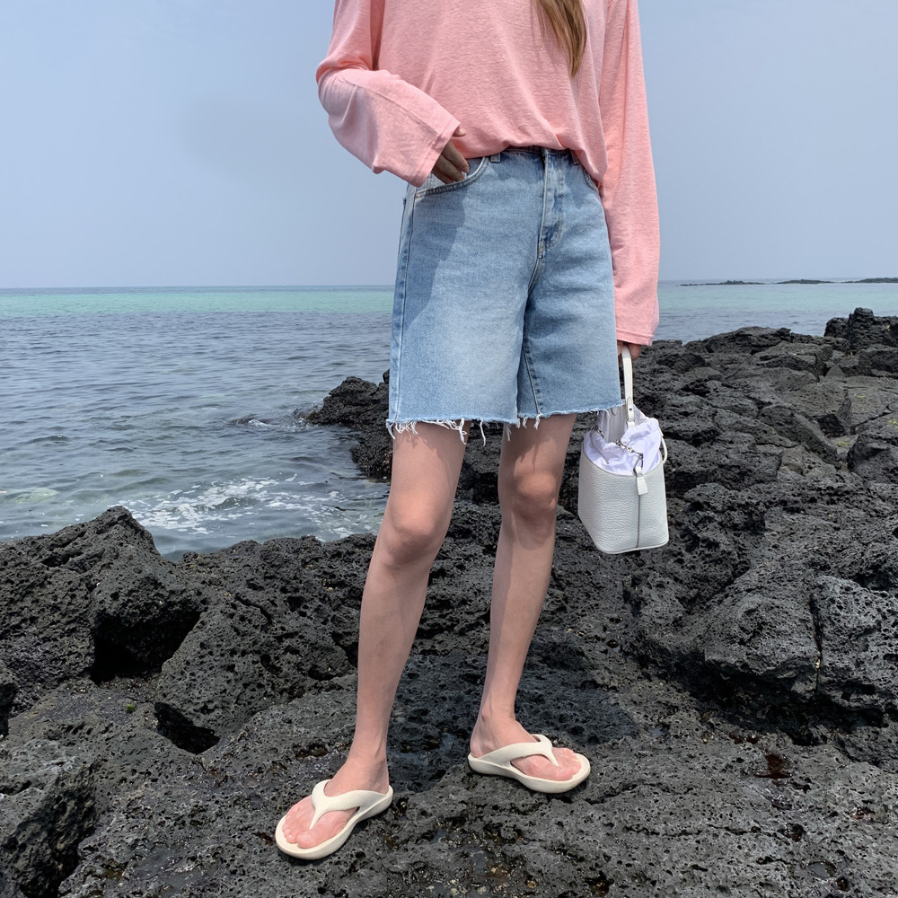 하이웨스트진 찢청 여성 청 반바지 5부 세미와이드 데님팬츠 통 여자여름청바지 버뮤다팬츠