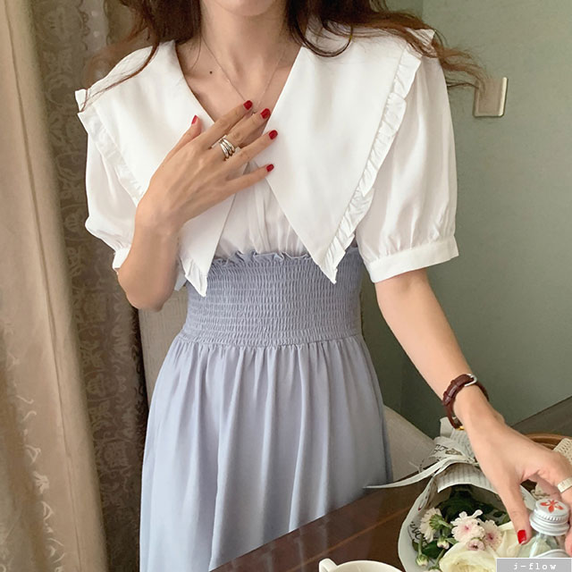 카리나 빅카라 스모크밴딩 롱원피스 2color 제이플로우 여름 레이어드 일체형 퍼프 프릴 - 상세 이미지 3