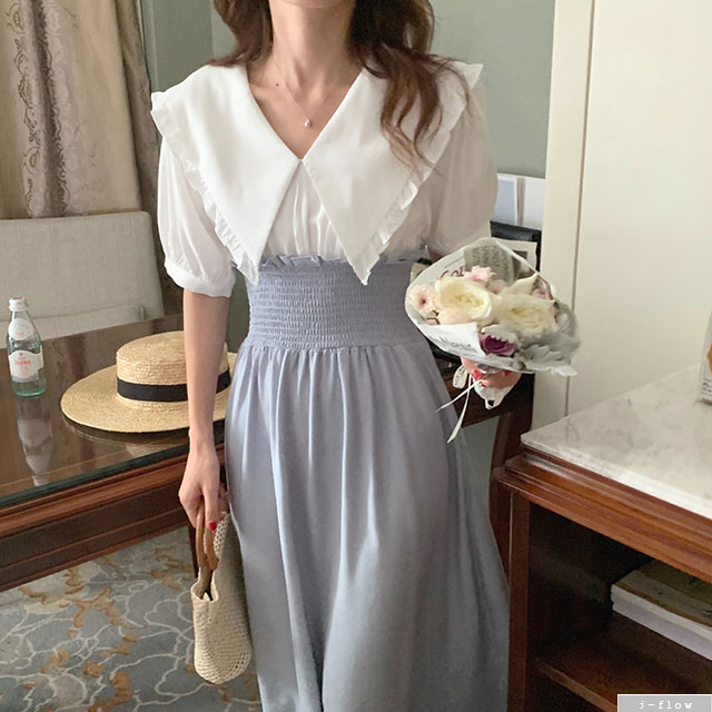 카리나 빅카라 스모크밴딩 롱원피스 2color 제이플로우 여름 레이어드 일체형 퍼프 프릴 - 상품 이미지