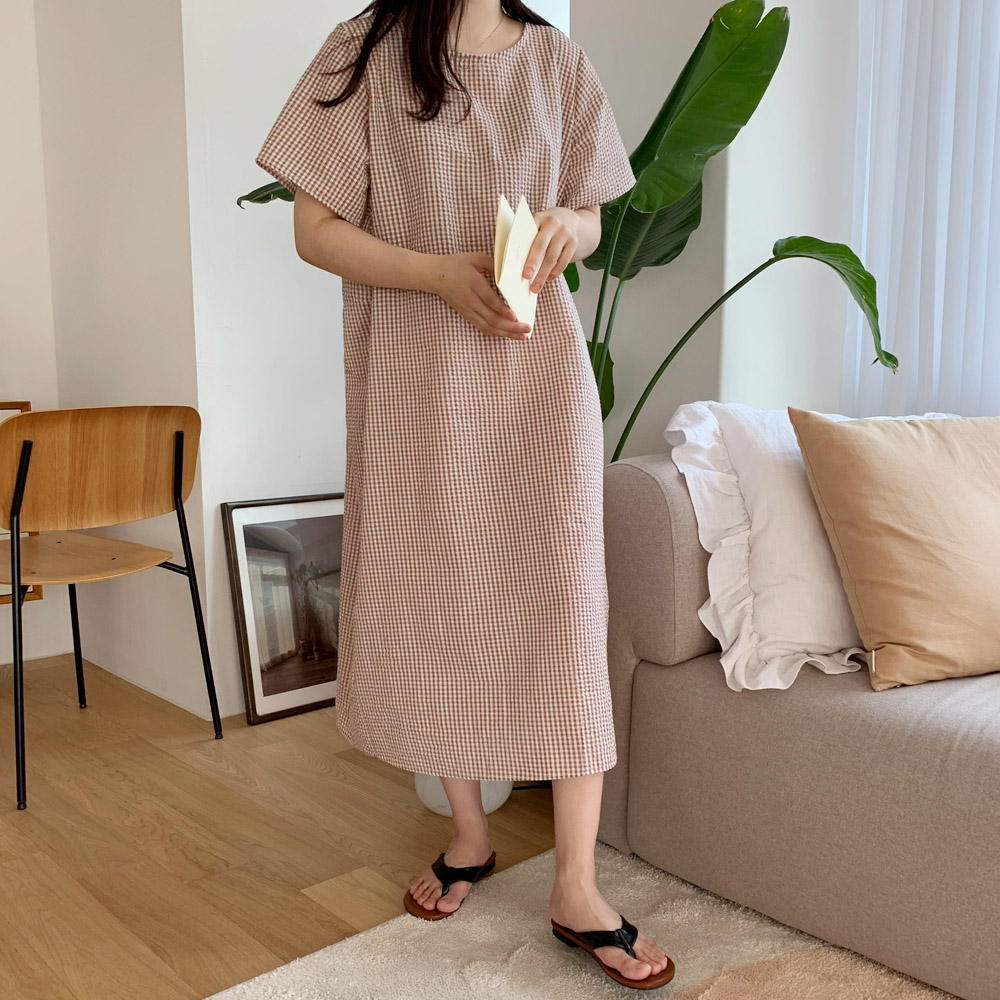 지지미 원피스 빅사이즈 여름 롱원피스 시어서커 휴양지 체크 블랙 레드 베이지 이미지 3
