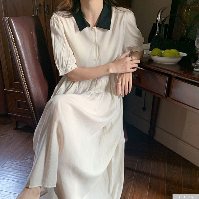 바첼 린넨 배색카라 버튼 플리츠 롱원피스 2color 제이플로우 여름 퍼프 루즈핏 끈벨트 - 상세 이미지 3