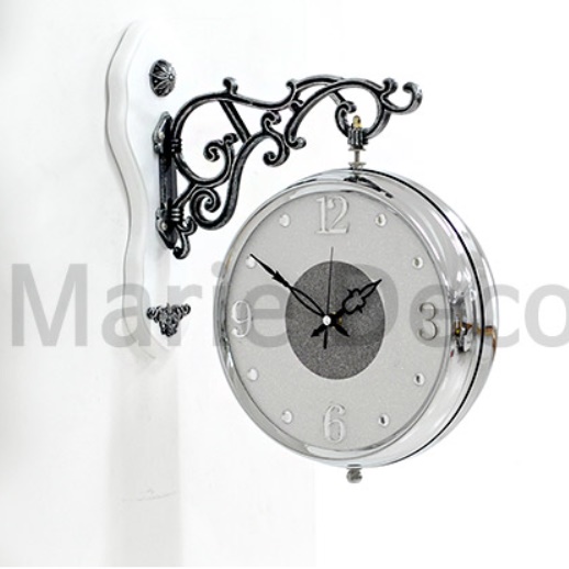 실버 화이트 무소음 무브먼트 건전지 고급형 고급 벽걸이 시계 양면 벽걸이 시계 레트로