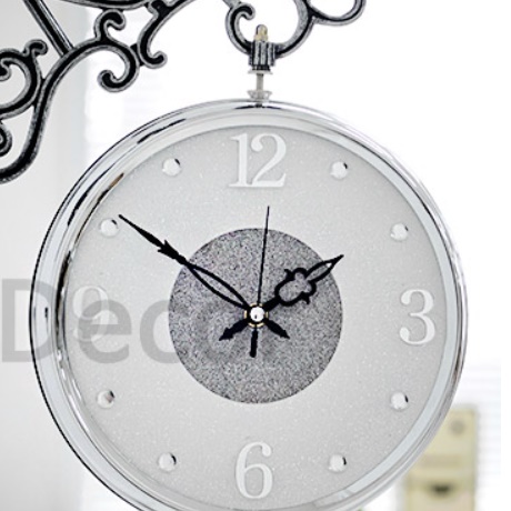 실버 화이트 무소음 무브먼트 건전지 고급형 고급 벽걸이 시계 양면 벽걸이 시계 레트로