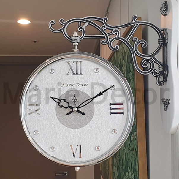 실버 화이트 무소음 무브먼트 건전지 고급형 고급 벽걸이 시계 양면 벽걸이 시계 레트로