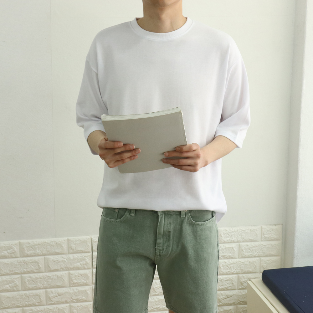 남자 반팔티 오버핏 커플 7부 반팔 티셔츠 - 상세 이미지 2
