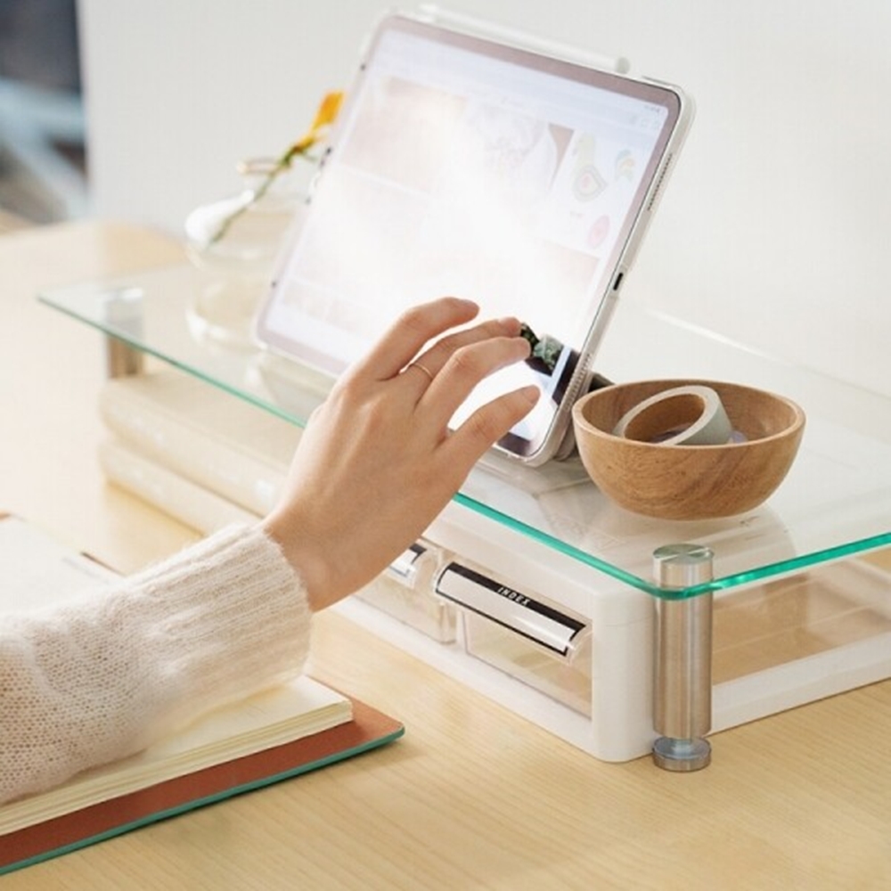 튼튼한 유리 노트북 컴퓨터 모니터 받침 받침대 보조 와이드 선반 수납 거치대 중