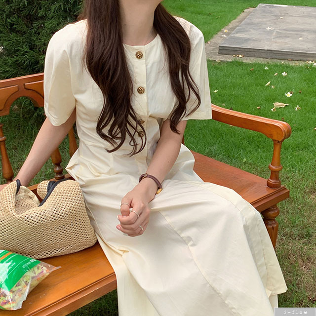 머렌 앤티크 버튼 슬림 코튼 롱원피스 2color 여름 가오리 A라인 라운드넥 제이플로우 - 상세 이미지 3