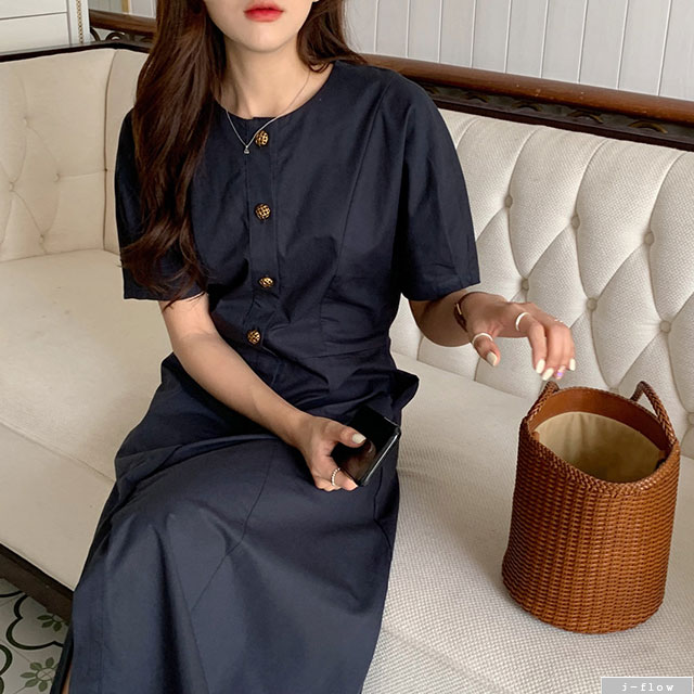 머렌 앤티크 버튼 슬림 코튼 롱원피스 2color 여름 가오리 A라인 라운드넥 제이플로우 이미지 6