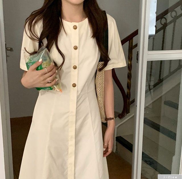 머렌 앤티크 버튼 슬림 코튼 롱원피스 2color 여름 가오리 A라인 라운드넥 제이플로우 - 상세 이미지 5